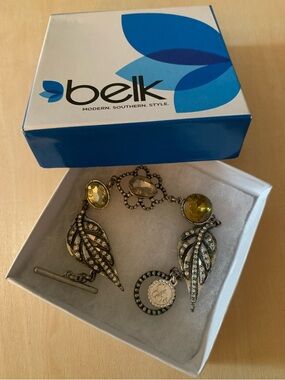 NIB Jessica Simpson Silver-Tone Leaf Link Bracelet with Yellow Stones